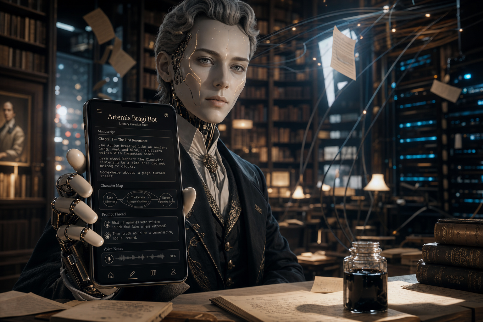 AI humanoid holding a foldable phone showing Artemis Bragi Bot literature writing interface