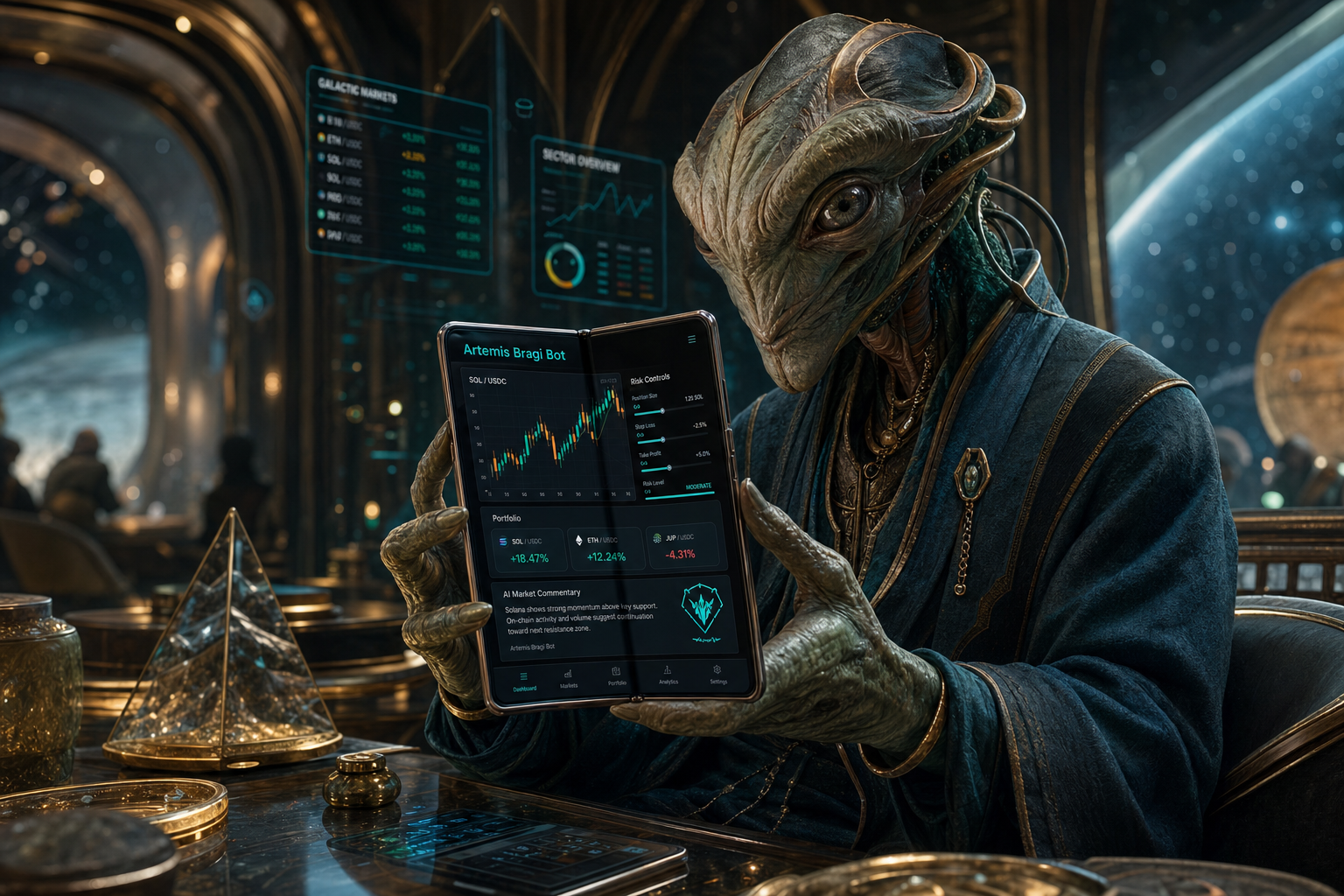 Alien trader holding a glass phone showing Artemis Bragi Bot trading interface