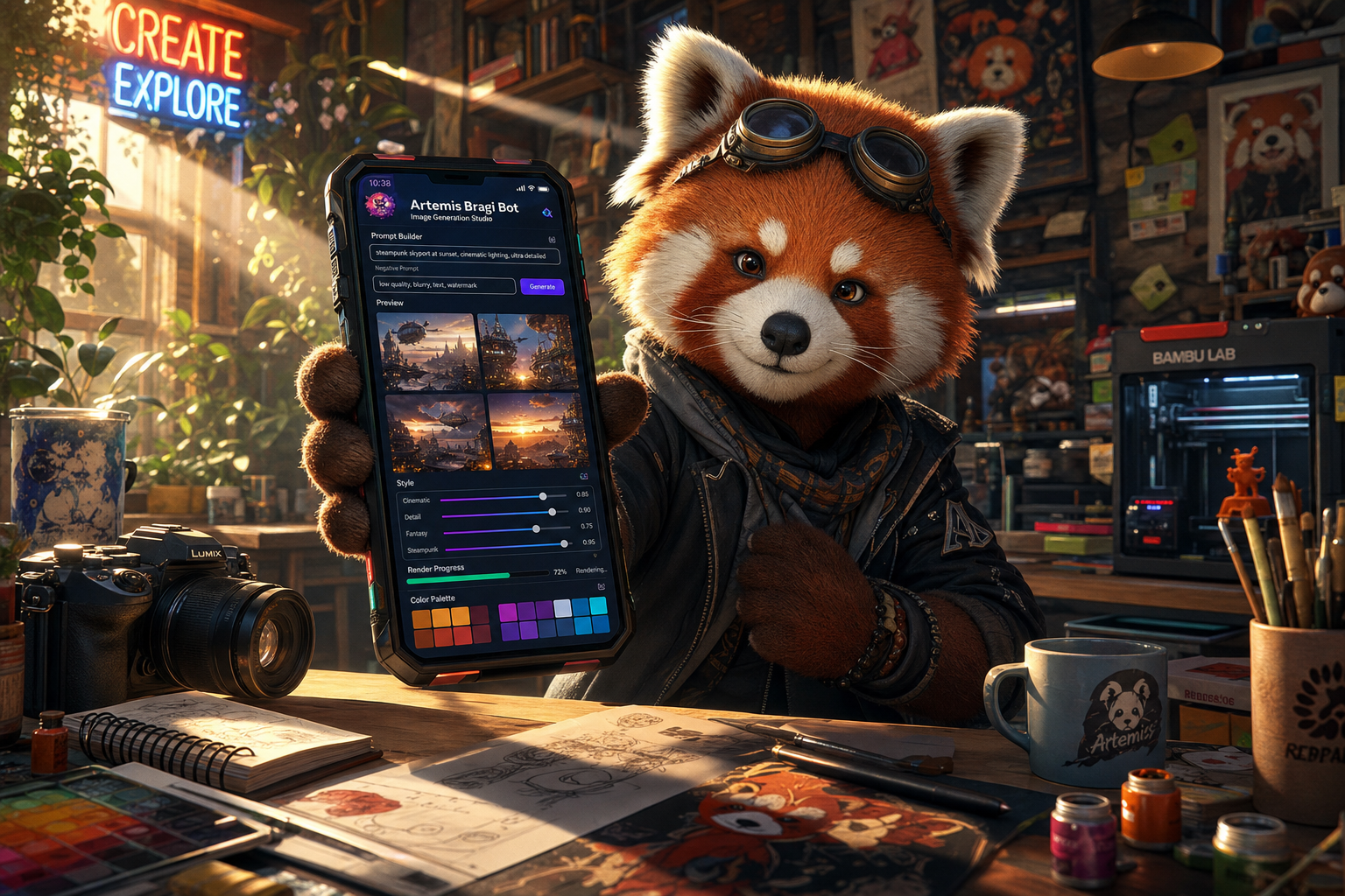 Cartoon animal holding a compact phone showing Artemis Bragi Bot image generation interface