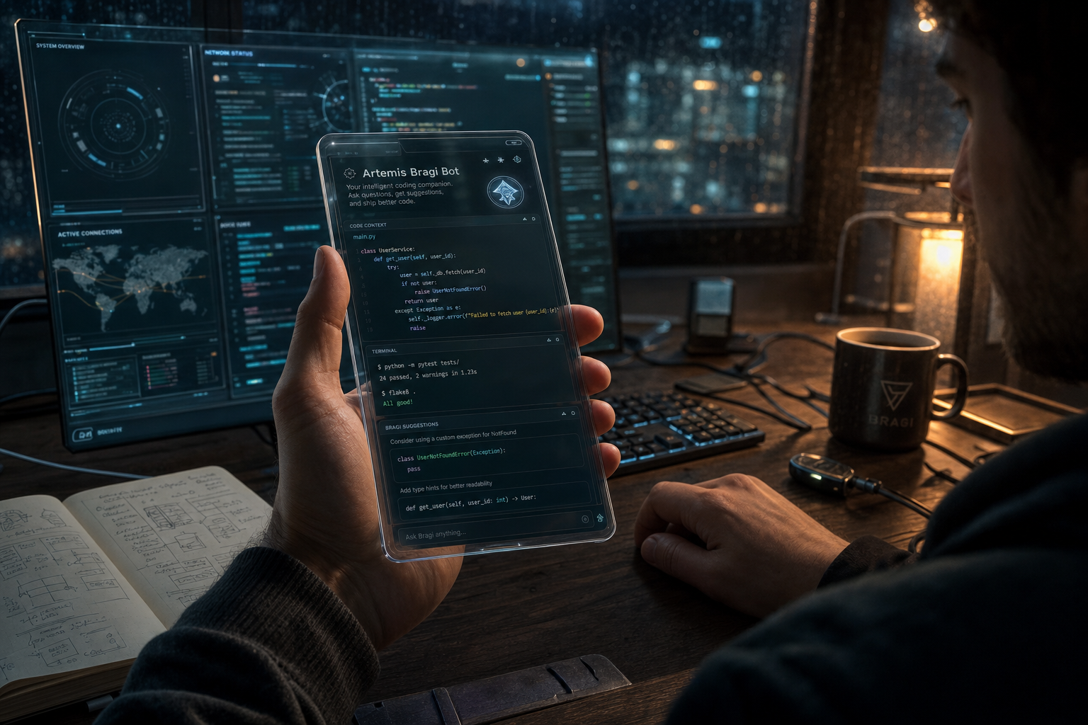 Human programmer holding a titanium phone showing Artemis Bragi Bot coding interface
